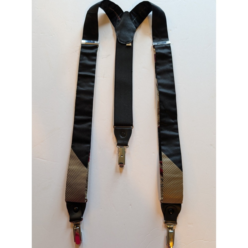 VTG Uomo Venetto Geometric Silk Striped Y-Back Suspenders Geek Retro Black Red